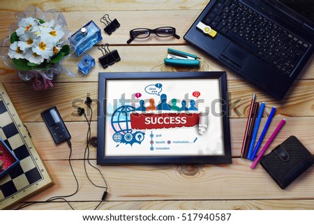 Success concept and group of people on wooden office desk. Template for business, consulting, management.  