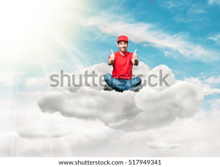 pizza dealer sitting on a cloud doing okay gesture