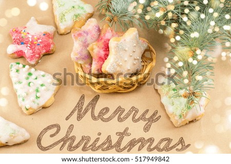 Merry Christmas card with decorated cookies and treats