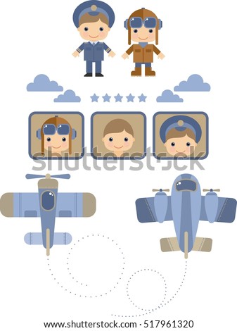 Set of images with the pilots, planes, flat style cartoon,  vector illustration