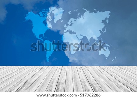 Nature cloudscape with blue sky and white cloud with Wood terrace and world map