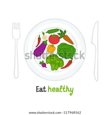 Eat healthy - fresh vegetables on the plate made in flat style. Healthy lifestyle or diet design banner.