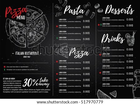 Hand drawn vector illustration - Italian menu. Pasta and Pizza. Perfect for restaurant brochure, cafe flyer, delivery leaflet. Design template with illustrations in sketch style.