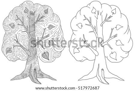 Set of doodle coloring book for adult with tree and leaves.