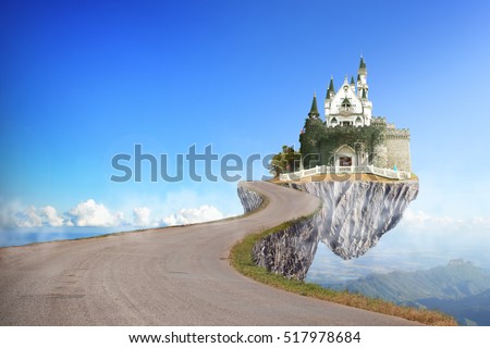 fantasy landscape with the fairytale castle in a cloudy day, Beautiful Famous Nest Castle on the Rock fairy story, fairy tale had black asphalt winding Road. 