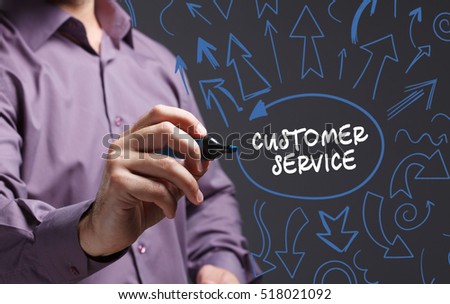 Technology, internet, business and marketing. Young business man writing word: customer service