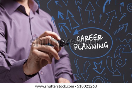 Technology, internet, business and marketing. Young business man writing word: career planning 