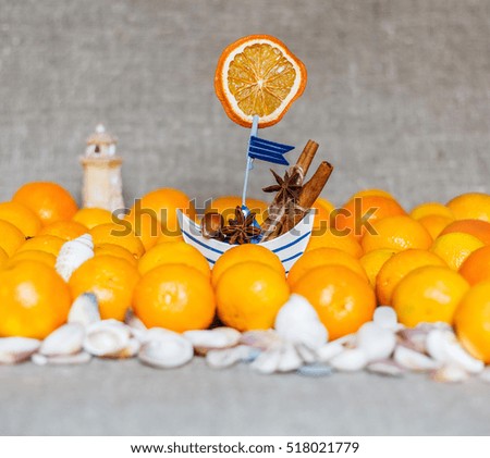 New year and Christmas card. Holiday and celebration concept. Christmas  spices in a boat on mandarins. 