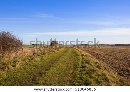 a scenic footpath in a yorkshire wolds landscape with a hawthorn hedgerow beside a harvested field in autumn under a blue cloudy sky