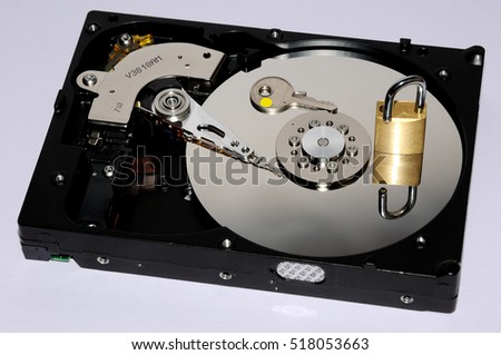 Computer harddrive and lock - security concept background