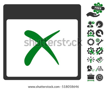 Reject Calendar Page icon with bonus settings clip art. Vector illustration style is flat iconic symbols, green and gray, white background.