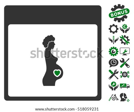 Pregnant Woman Calendar Page icon with bonus configuration clip art. Vector illustration style is flat iconic symbols, green and gray, white background.