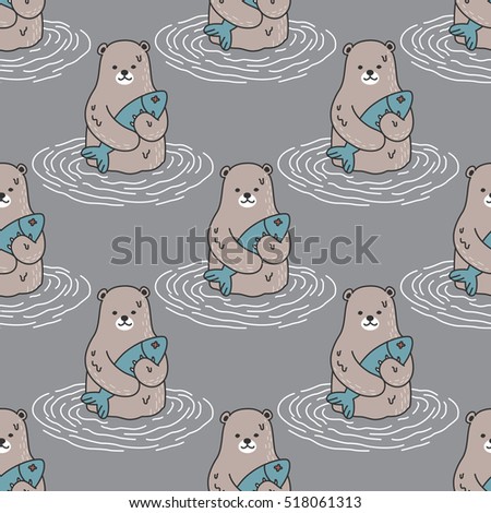 Bear polar bear and fish vector Seamless Pattern isolated wallpaper background Gray