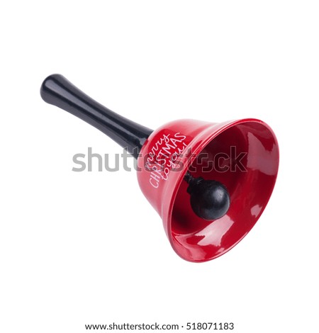 Decorative red christmas bell with black handle isolated on white background. Sign Merry Christmas to you