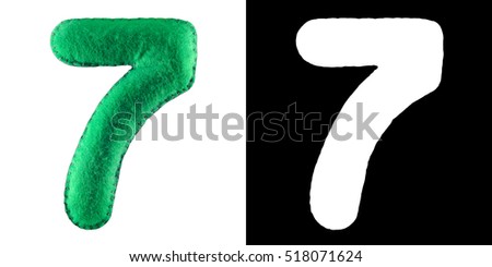 Hand made number 7 Seven from green felt. Set of numbers from colorful felt isolated on white with alpha mask