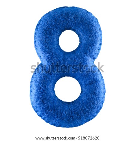 Number 8. Hand made number Eight from blue felt. Set of numbers from colorful felt isolated on white background