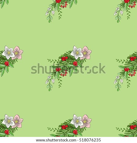 Seamless pattern with Christmas decoration. Hand drawn bouquet elements with poinsettia,  mistletoe and bow. Vector  Illustration