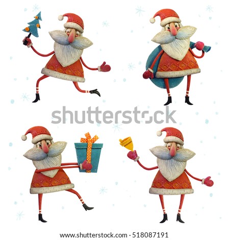 Handmade plasticine Santa Claus set. Cartoon Santa Claus Christmas set. Santa with Christmas tree, box, bell, bag. Santa Clauses set for Christmas cards. Elements for greeting card, poster, postcard. 