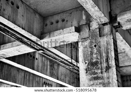 design element. abandoned industrial hangar interior black and white HDR image 