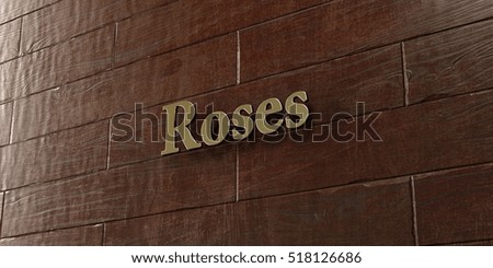 Roses - Bronze plaque mounted on maple wood wall  - 3D rendered royalty free stock picture. This image can be used for an online website banner ad or a print postcard.