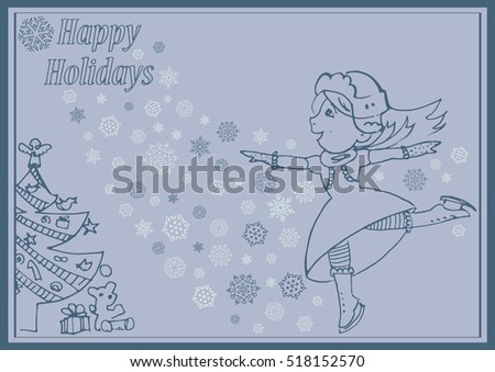 The girl skating on the snowflakes background. Christmas, New Year greeting card conception