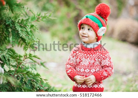 Half-length portrait of a little boy in elf hat and red sweater near the christmas tree