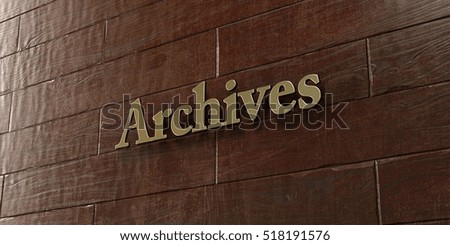 Archives - Bronze plaque mounted on maple wood wall  - 3D rendered royalty free stock picture. This image can be used for an online website banner ad or a print postcard.