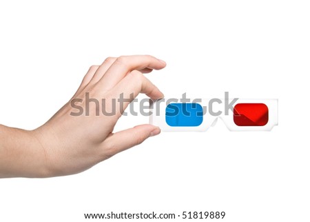 hand holding stereo glasses on white background