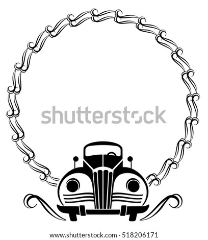 Round frame with retro car silhouette. Raster clip art.