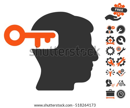 Intellect Key icon with bonus setup tools clip art. Vector illustration style is flat iconic orange and gray symbols on white background.