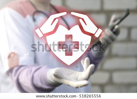 Doctor offers his hand in icon hands heart plus. Medical insurance help hospital center support, medicine, healthcare, health. Nurse hold sign ambulance emergency.