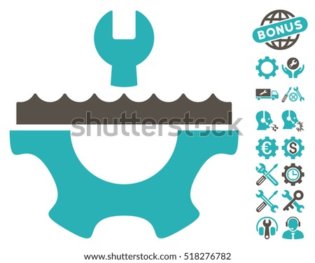 Water Service Gear pictograph with bonus tools clip art. Vector illustration style is flat iconic grey and cyan symbols on white background.