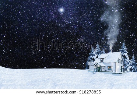 Christmas card. Night, the house, the starry sky, snow background. Copy space.
