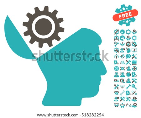 Open Head Gear icon with bonus settings pictograph collection. Vector illustration style is flat iconic grey and cyan symbols on white background.
