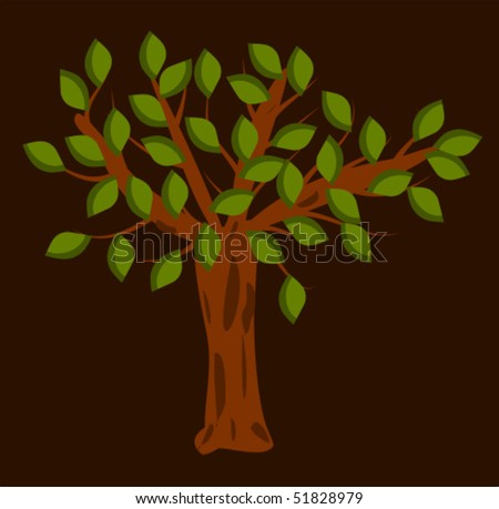 Tree with green leaves on brown background. Vector illustration