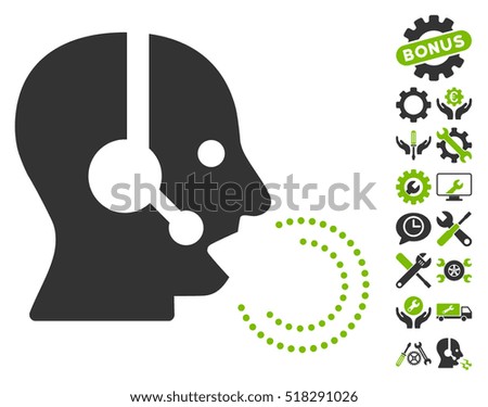 Operator Speech pictograph with bonus service pictograph collection. Vector illustration style is flat iconic eco green and gray symbols on white background.
