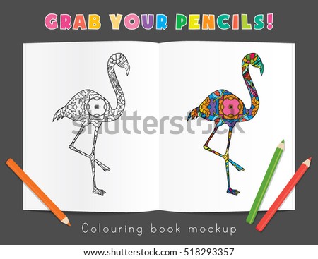 Colouring Book Mockup Psychedelic Flamingo Bird Body Silhouette Poster Flyer Layout Template Vector Illustration
