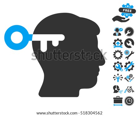 Mind Key pictograph with bonus service clip art. Vector illustration style is flat iconic blue and gray symbols on white background.