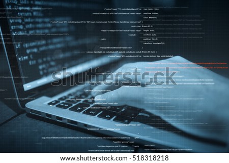 hacker hands at work with  interface around Royalty-Free Stock Photo #518318218