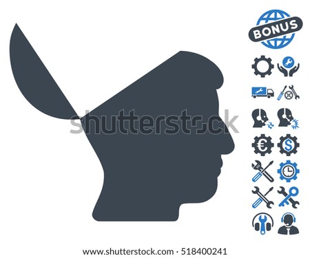 Open Mind pictograph with bonus tools pictograms. Vector illustration style is flat iconic smooth blue symbols on white background.