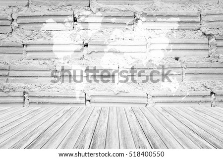 Red Brick wall texture surface white color use for background with Wood terrace and world map