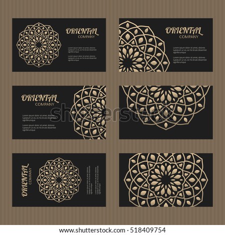 Business card set. Golden mandala decorative elements. Ornamental floral cards with oriental pattern. Islamic, arabic, indian, turkish, pakistan, chinese, japanese, asian motifs. Vector illustration. Royalty-Free Stock Photo #518409754