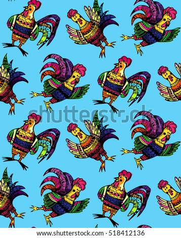 Hand drawn doodle vector pattern with cock. Ornamental rooster, multicolored cock background. Vector illustration.