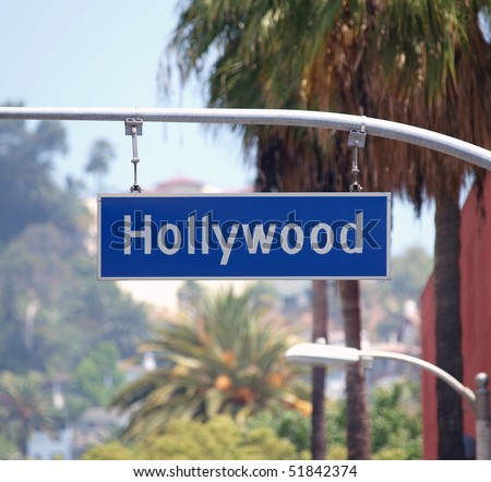 Hollywood Bl sign with palm trees in Los Angeles, California.