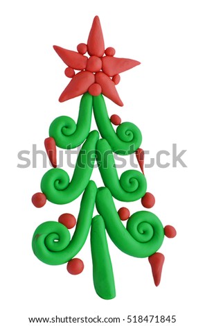 Clay Christmas spruce or pine isolated on white background. Icon of hand made plasticine tree