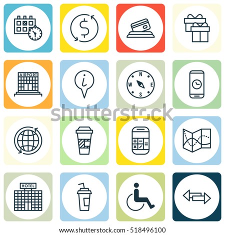 Set Of Icons On Present, Hotel Construction And Takeaway Coffee Topics. Editable Vector Illustration. Includes Drink, World, Airport And More Vector Icons.