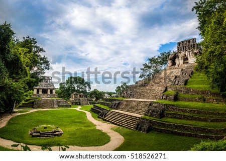 Temples of the Cross Group at mayan ruins of Palenque - Chiapas, Mexico Royalty-Free Stock Photo #518526271