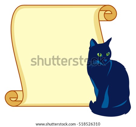 Black cat with paper scroll background. Raster clip art.
