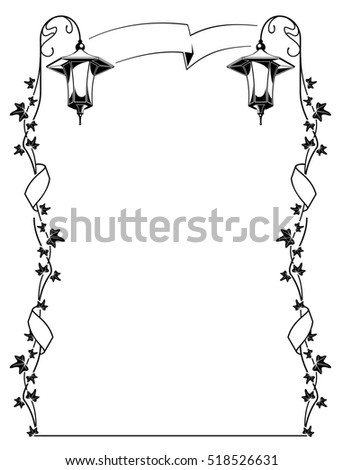 Silhouette frame with ivy and lantern. Raster clip art.