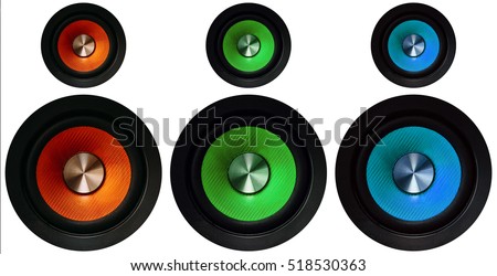red, green and blue Speakers on a white background